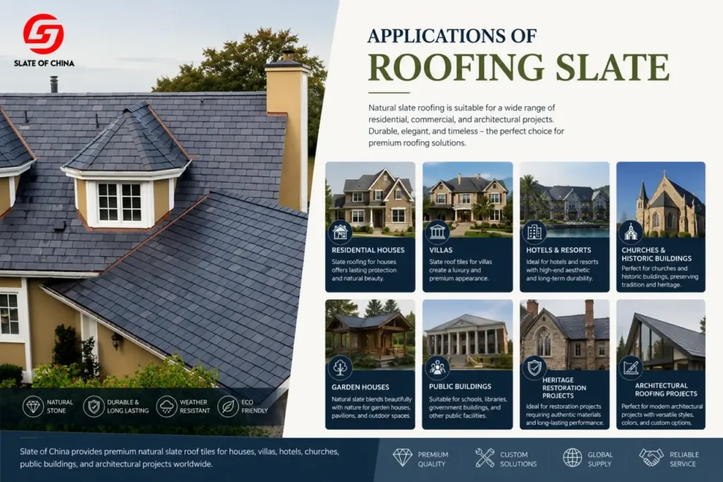 Natural roofing slate tiles used for houses villas hotels churches and architectural roofing projects