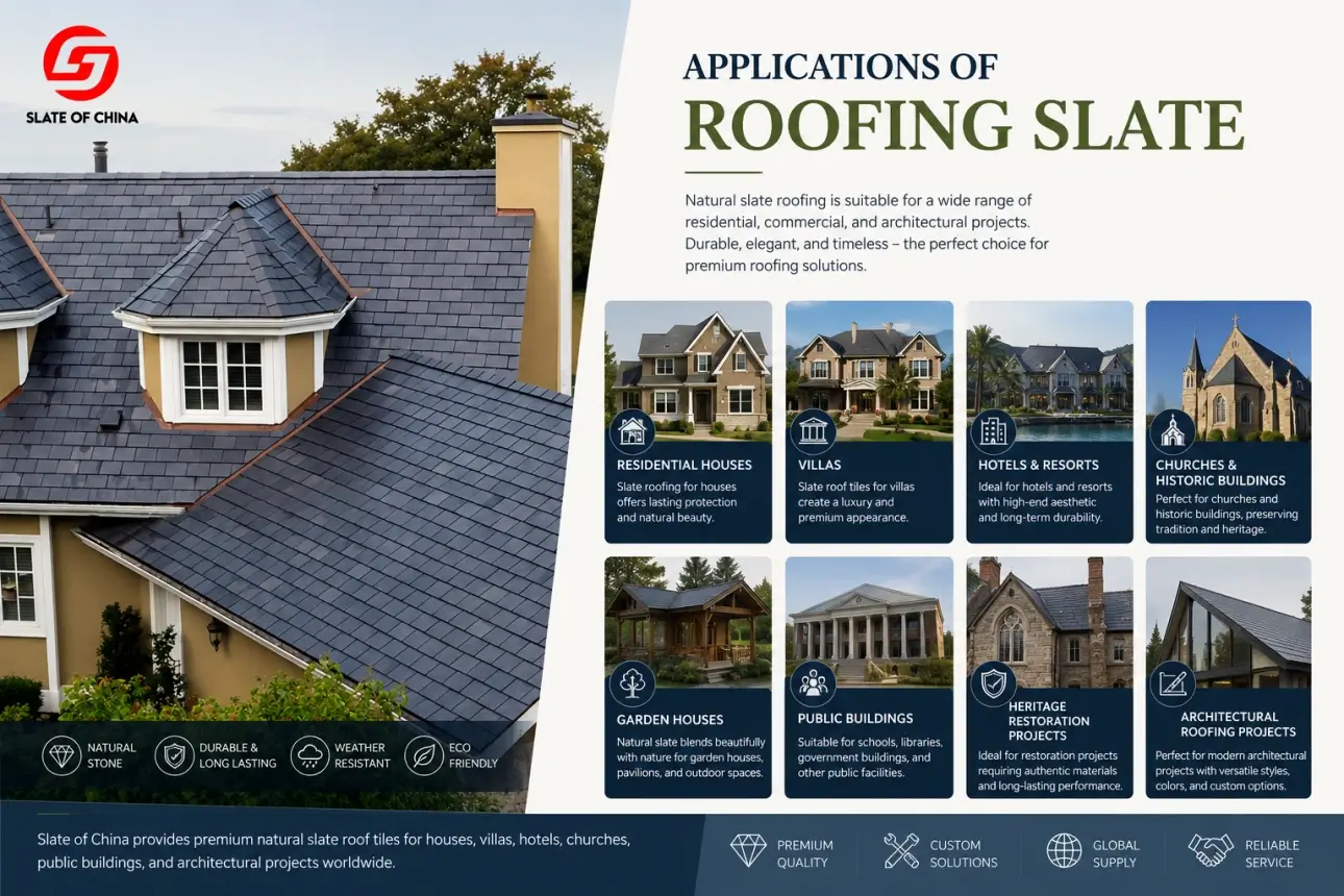 Natural roofing slate tiles used for houses villas hotels churches and architectural roofing projects