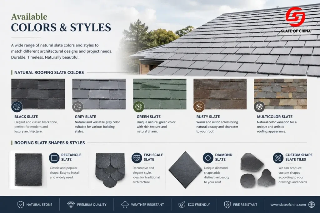 Natural roofing slate colors and styles including black grey green rusty and multicolor slate roof tiles
