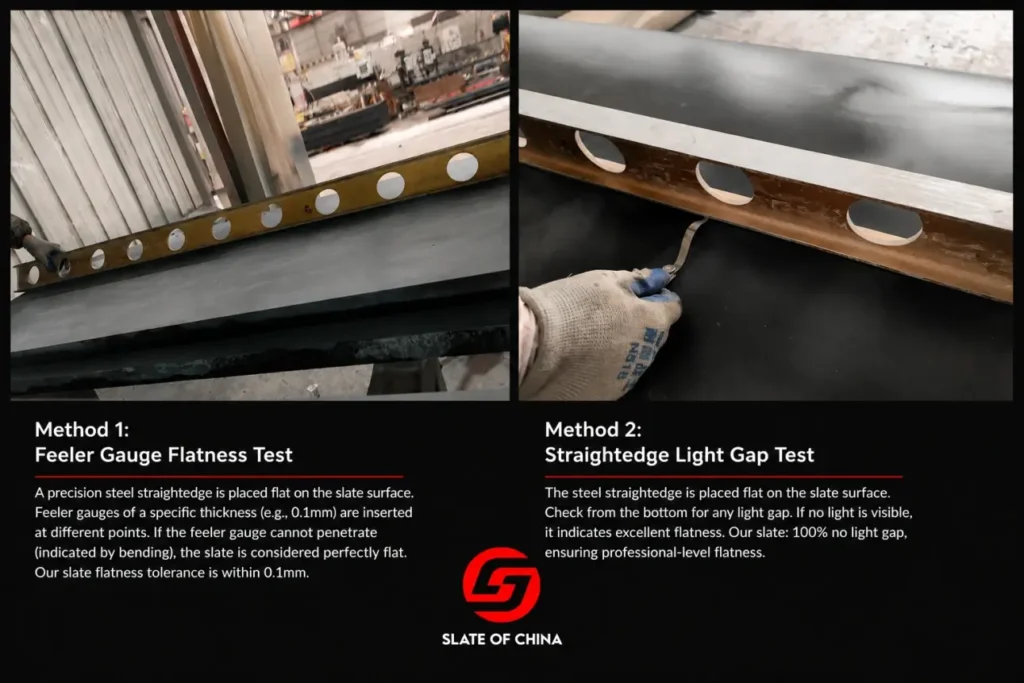 Billiard slate flatness inspection using feeler gauge and straightedge light gap test
