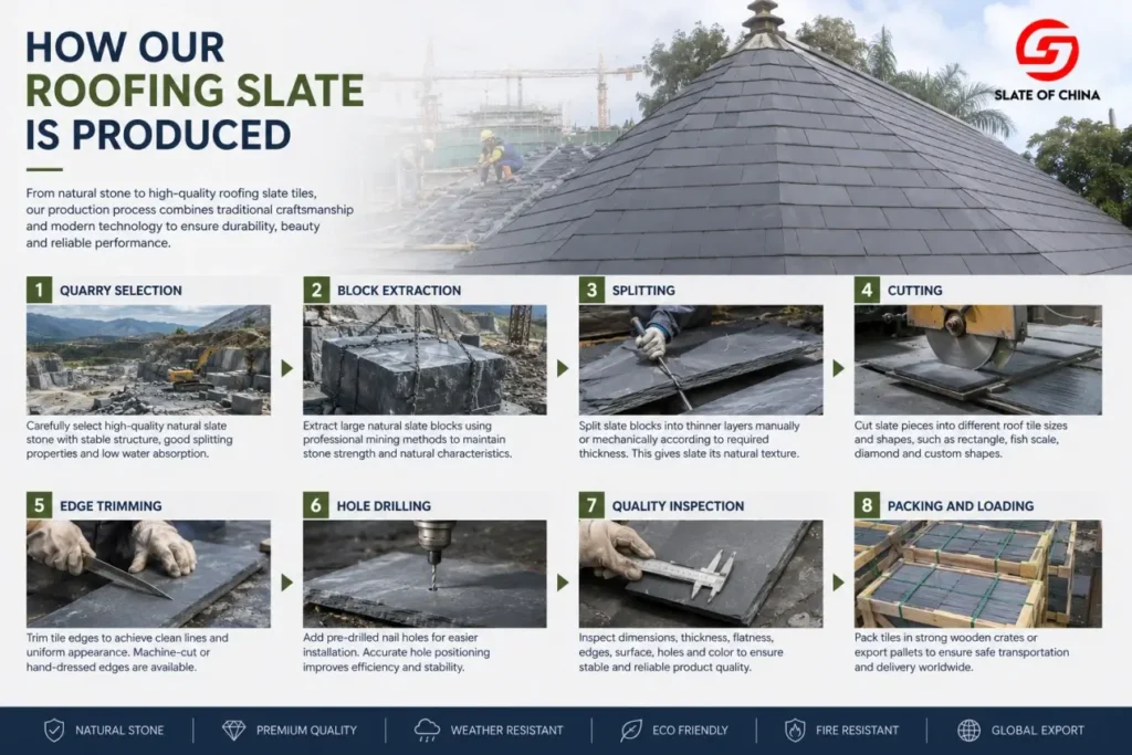 Natural roofing slate manufacturing process from quarry selection to packing and loading