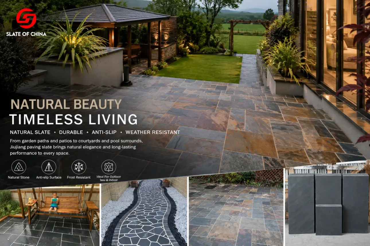 Paving Slate 2 Natural paving slate landscaping project with black slate flooring, patio paving, garden pathways and outdoor decorative stone from Jiujiang China