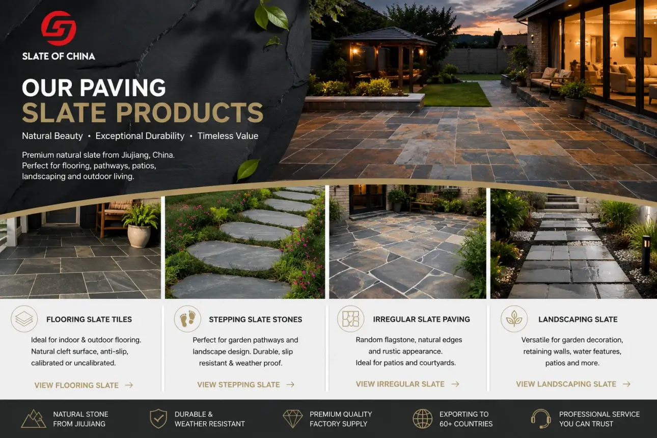 Paving Slate 3 Natural paving slate products including slate flooring tiles, stepping stones, irregular slate paving and landscaping slate from Jiujiang China