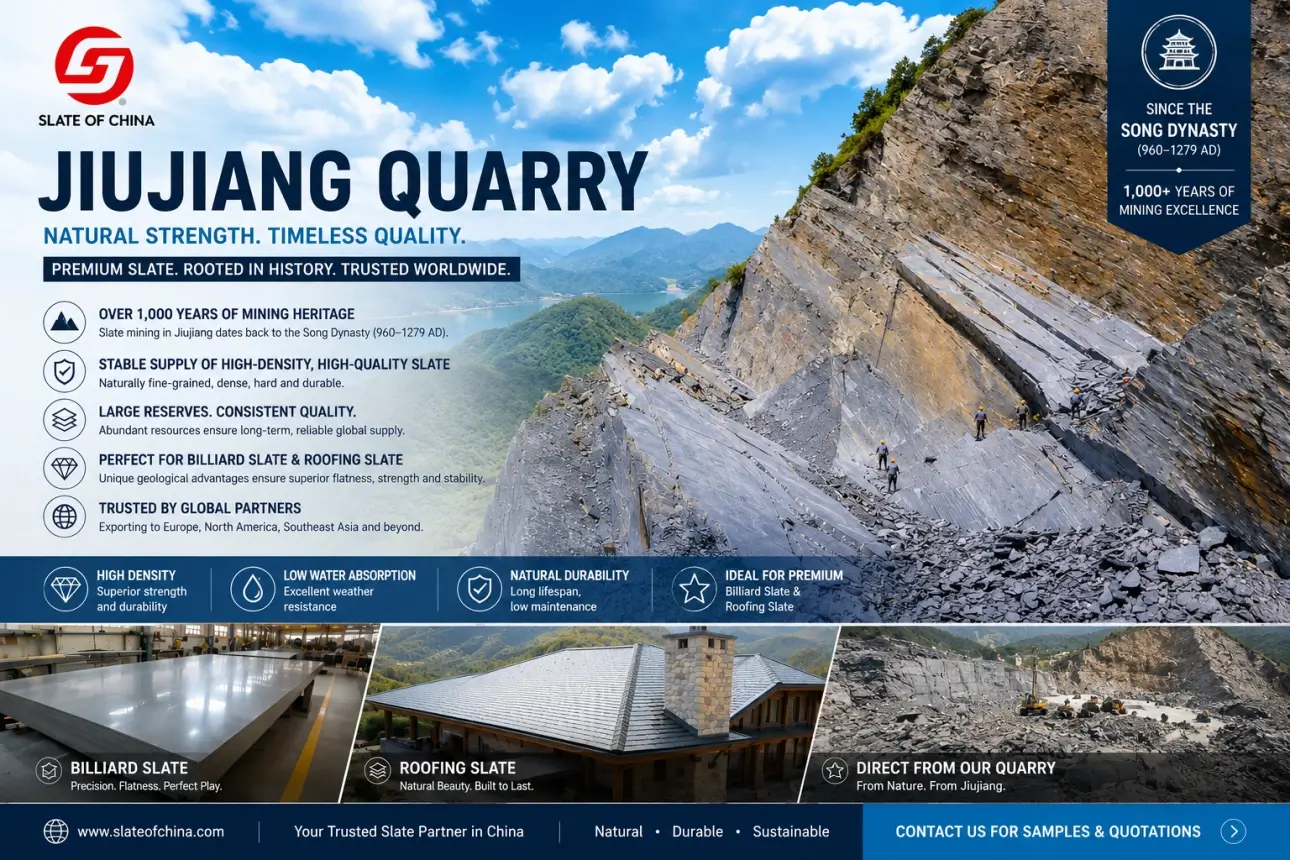 Jiujiang Slate Quarry | Billiard Slate Roofing Slate Manufacturer 1 alt="Jiujiang quarry high density natural slate for billiard slate and roofing slate production in China"