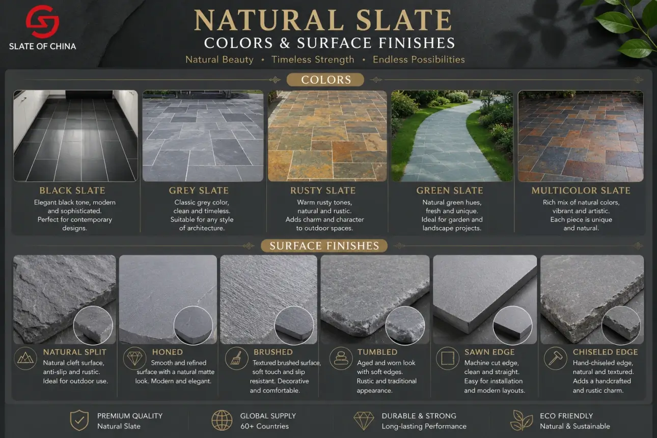 Paving Slate 4 Natural slate colors and surface finishes including black slate, grey slate, rusty slate, green slate, multicolor slate, honed, brushed, tumbled and sawn edge paving slate