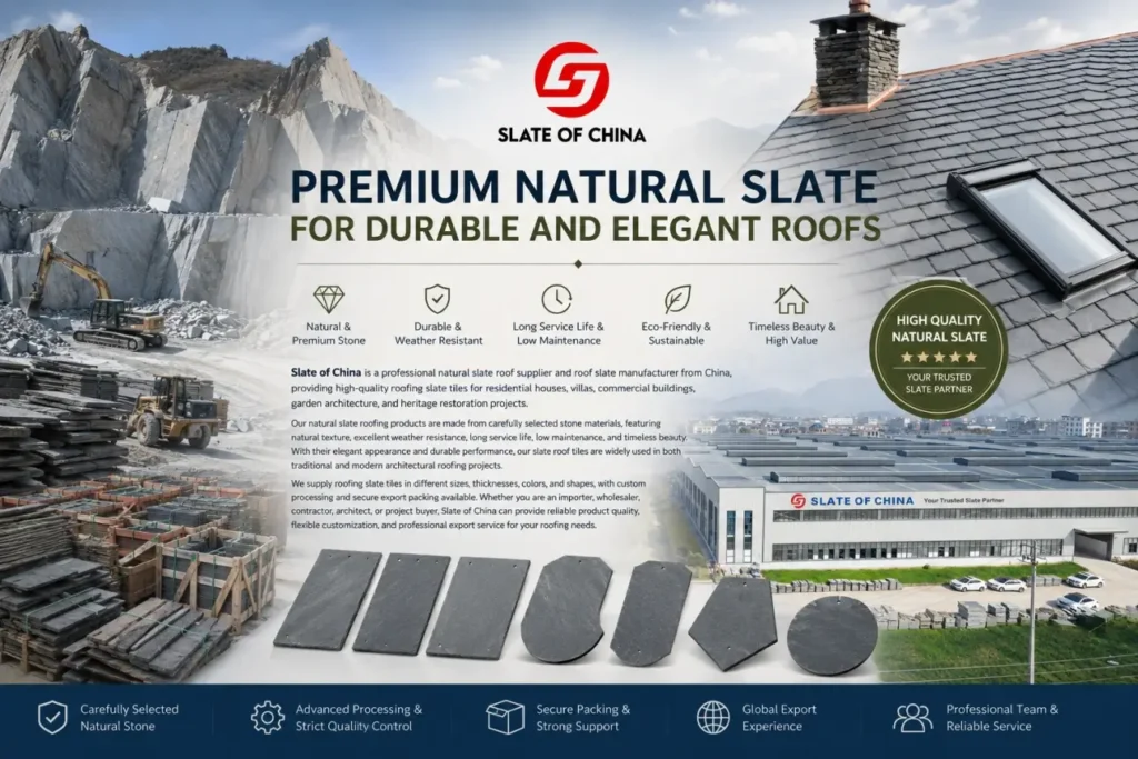 Premium natural roofing slate tiles with slate quarry, factory, and elegant roof projects from Slate of China