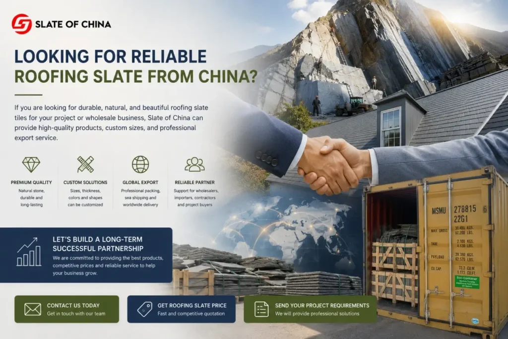 Natural roofing slate supplier from China with quarry, roofing projects, export container loading, and global business partnership