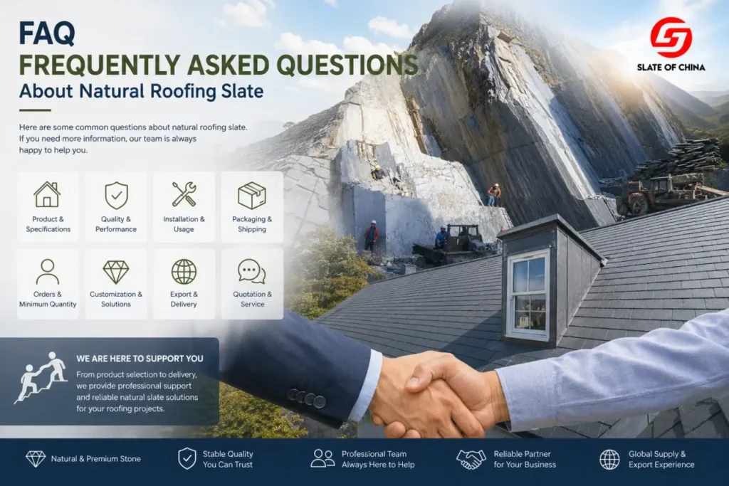 Natural roofing slate FAQ support service with slate quarry and roofing project images