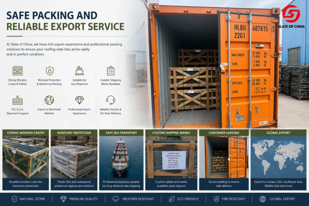 Natural roofing slate tiles packed in wooden crates and loaded into shipping containers for global export
