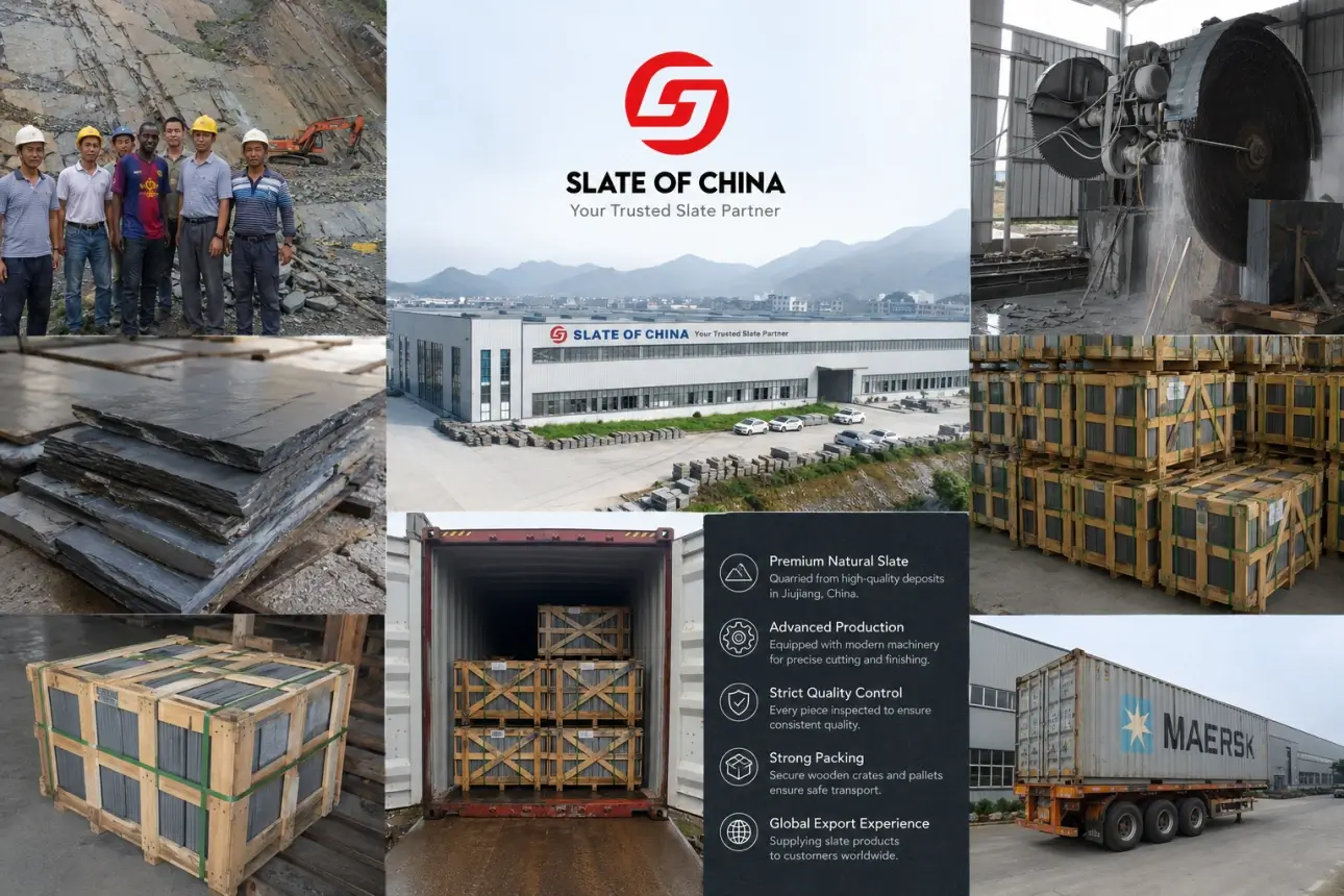 China natural slate factory with quarry, production, packing and global export experience