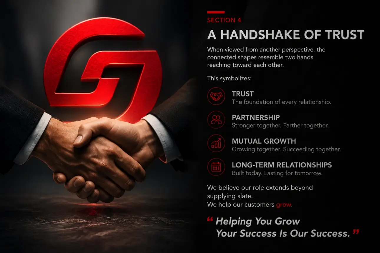 The connected shapes in the SLATE OF CHINA logo symbolize trust, partnership, mutual growth and long-term relationships.