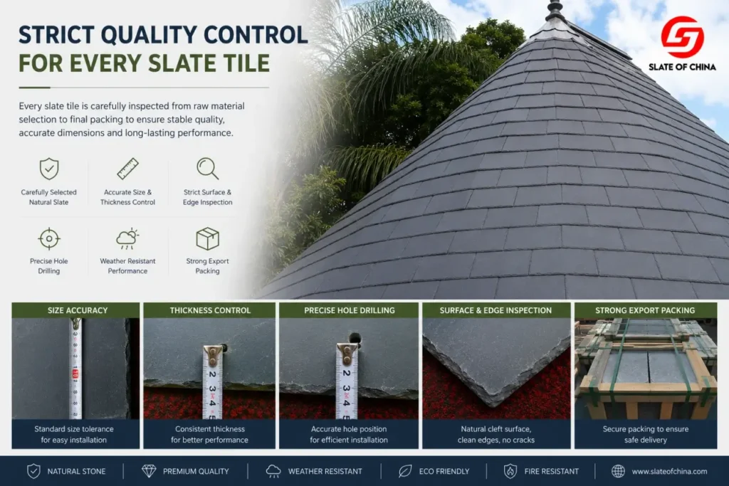 Professional quality control process for natural roofing slate tiles including thickness inspection and export packing