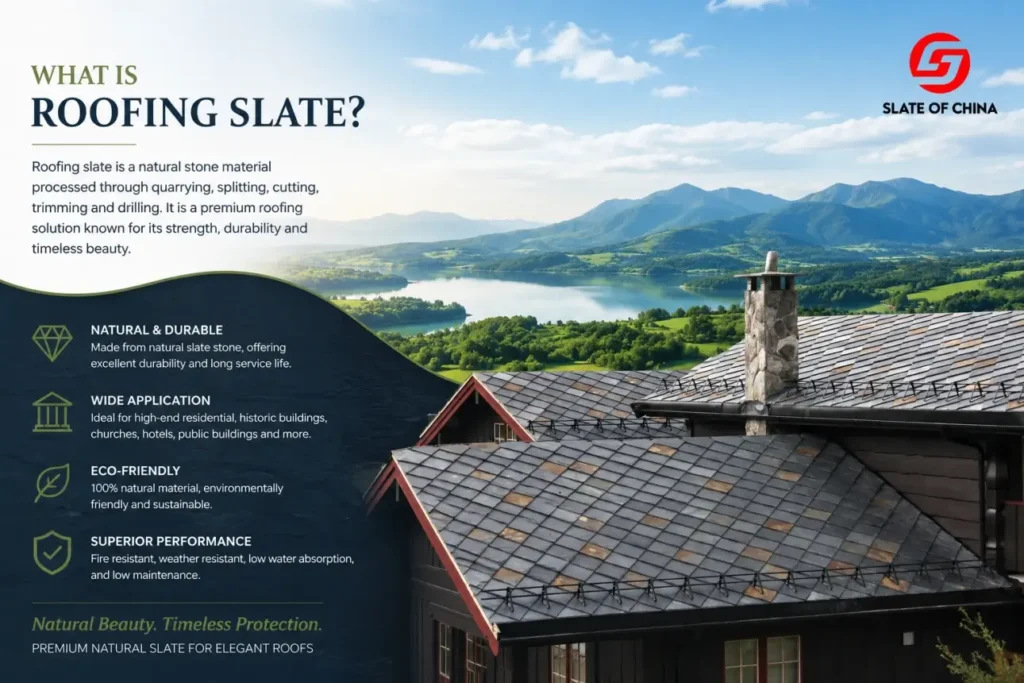 Natural roofing slate tiles installed on residential buildings with mountain landscape background