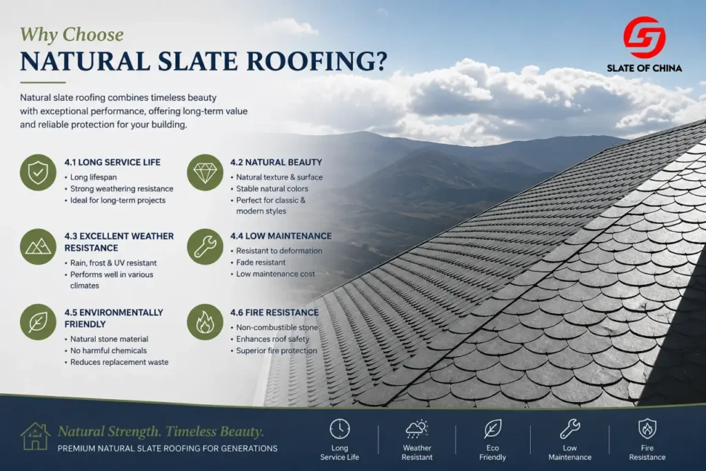 Natural slate roofing tiles with durable weather resistant roof design