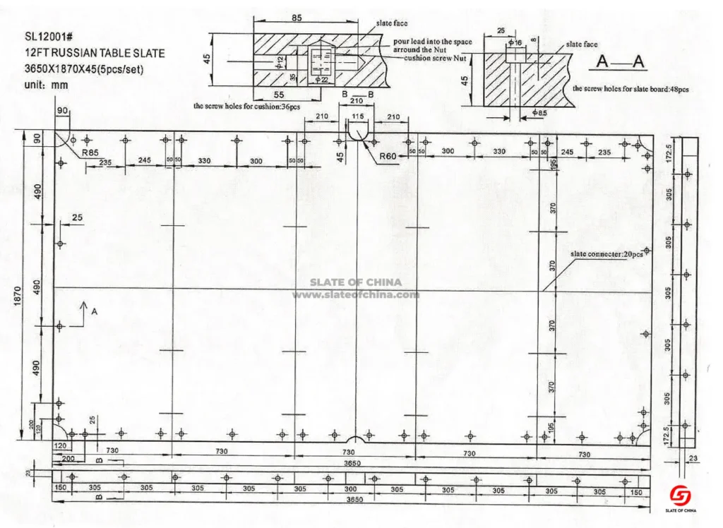 Detailed drawing showing overall dimensions, pocket cut-outs, bolt hole positions and machining specifications.