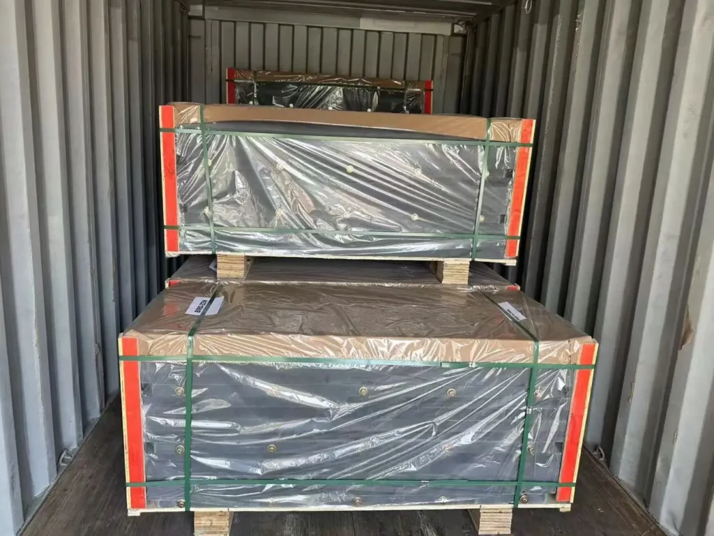 Export container loaded with professionally packed billiard slates.