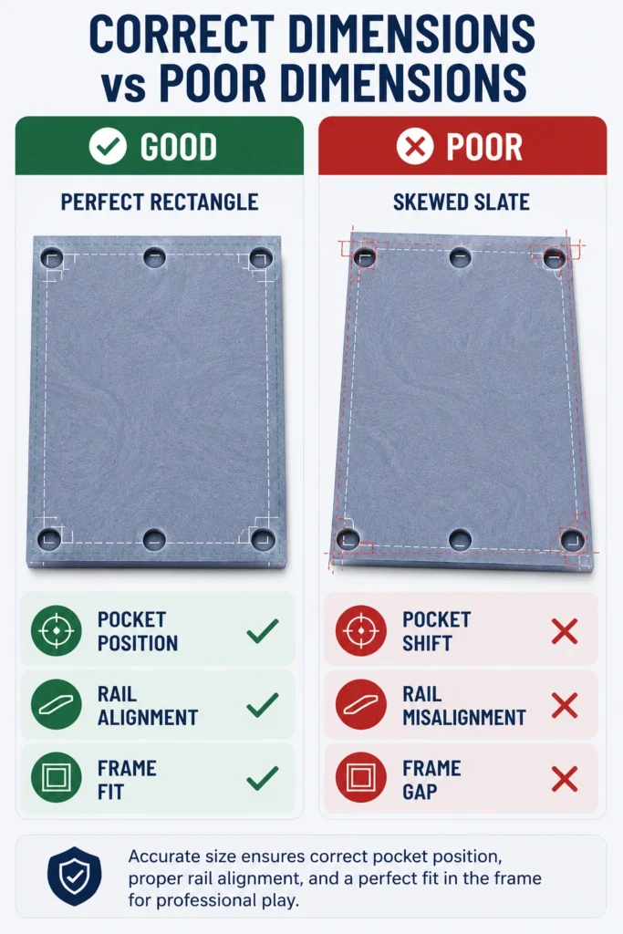 Mobile infographic comparing accurate and inaccurate billiard slate dimensions, highlighting pocket positioning, rail alignment, and frame fit for professional table installation.