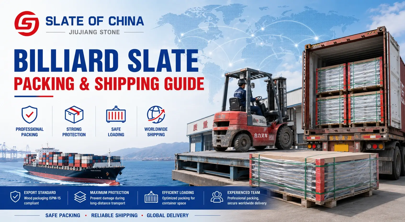 Billiard slate packing and shipping guide showing professional pallet packaging, container loading and worldwide export transportation.