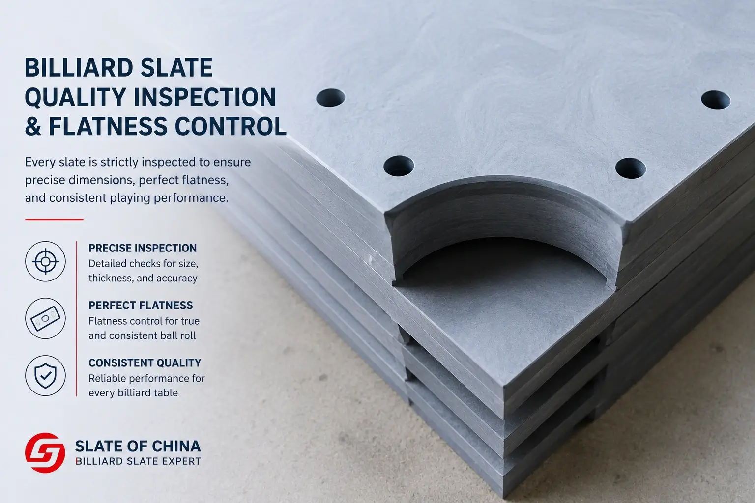 Quality Inspection & Flatness Control 1 Billiard slate quality inspection and flatness control for professional snooker, pool and carom table slate