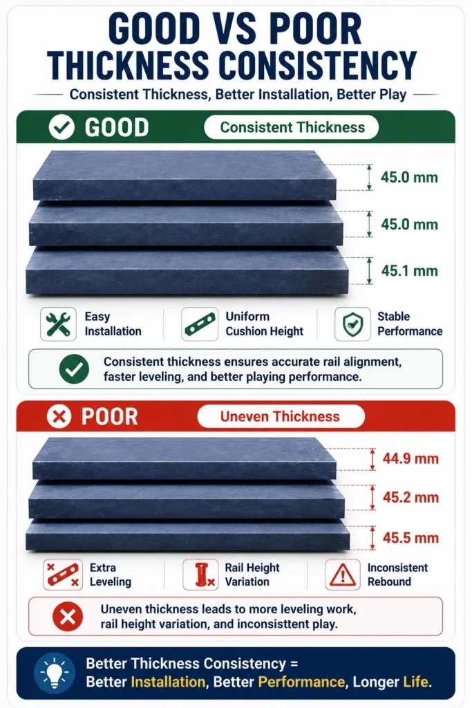 Mobile infographic comparing consistent and uneven billiard slate thickness, highlighting its impact on leveling, rail height, and table performance.