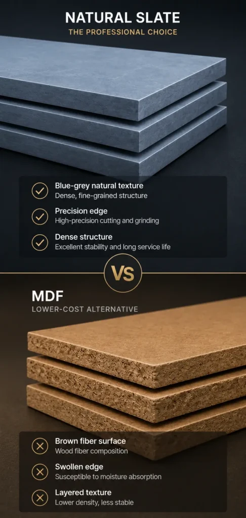 Natural slate compared with MDF and other playing surface materials for professional billiard tables