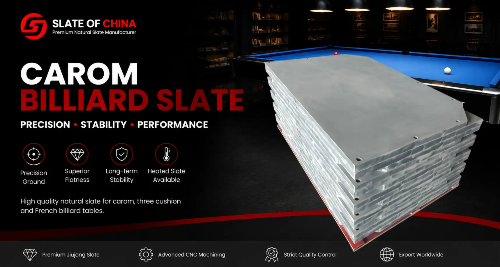 Premium Carom Billiard Slate Manufacturer in China for Three Cushion and French Billiard Tables