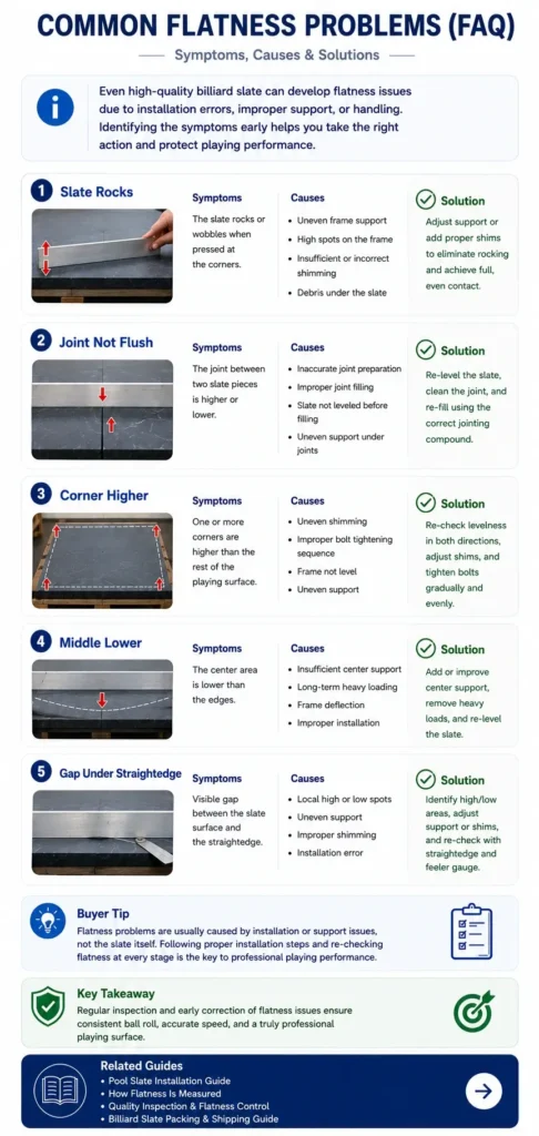 Common billiard slate flatness problems including slate rocking, uneven joints, raised corners, center sagging, and gaps under a straightedge.