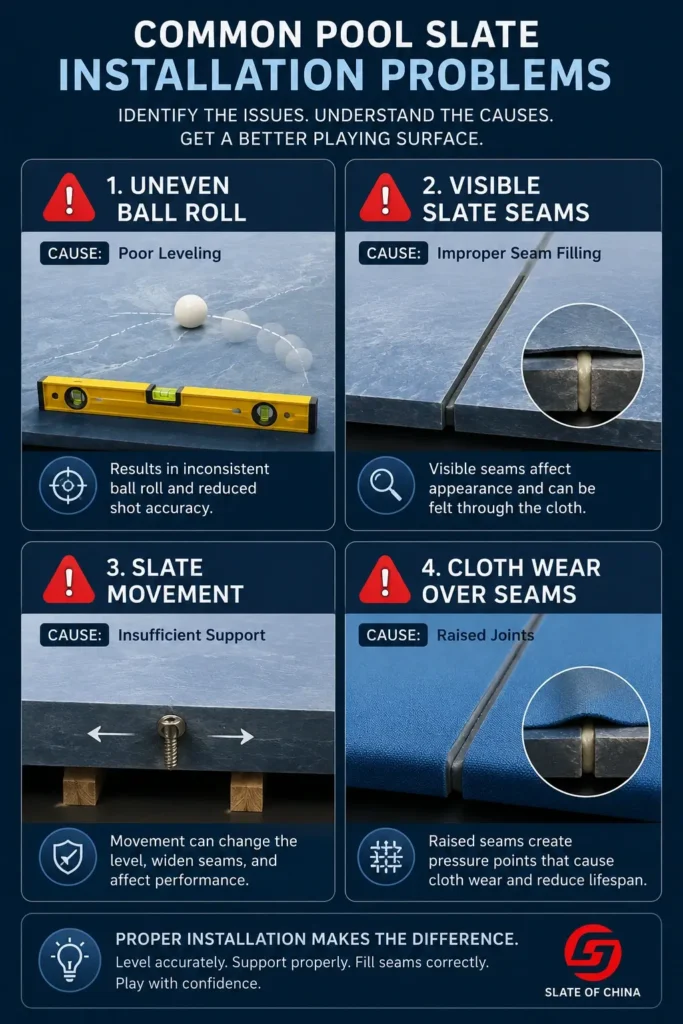 Mobile infographic showing common pool slate installation problems including uneven ball roll, visible slate seams, slate movement, and cloth wear over seams.