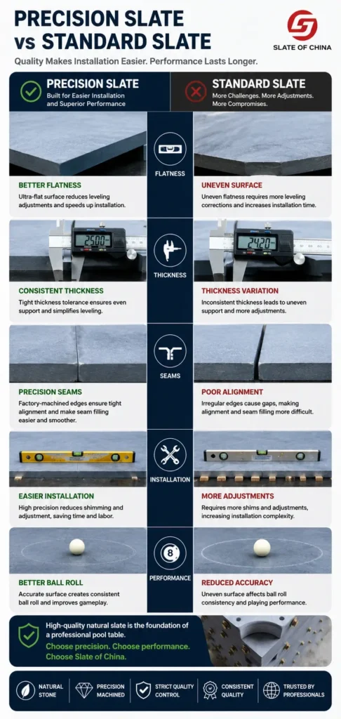 Mobile infographic comparing precision slate and standard slate, highlighting differences in flatness, thickness consistency, seam accuracy, installation efficiency, and playing performance.
