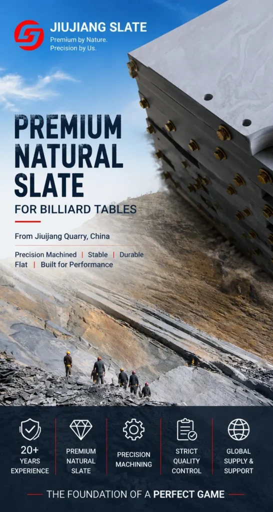 Premium Jiujiang billiard slate manufactured from natural quarry slate in China for pool tables, snooker tables and carom tables