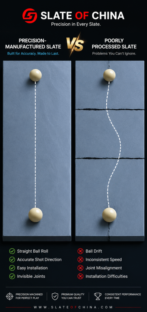 Precision-manufactured pool table slate versus poorly processed slate comparison showing straight ball roll, accurate shot direction, invisible joints and installation advantages.