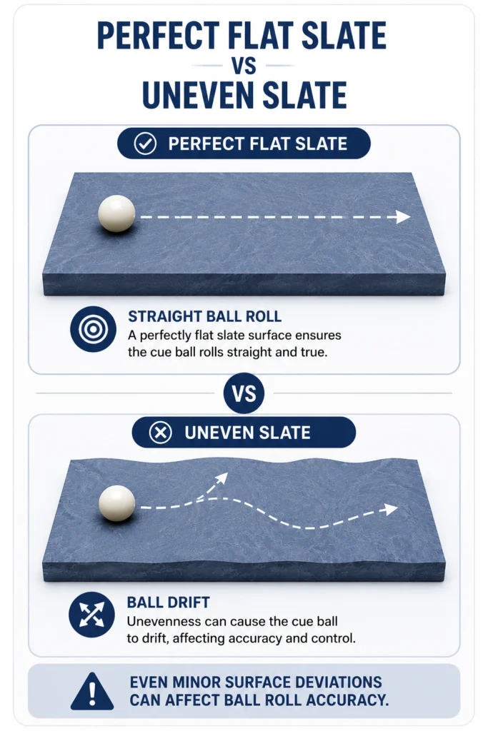 Mobile comparison infographic illustrating the difference between a perfectly flat billiard slate and an uneven slate surface, showing the effect on straight ball roll and ball drift.