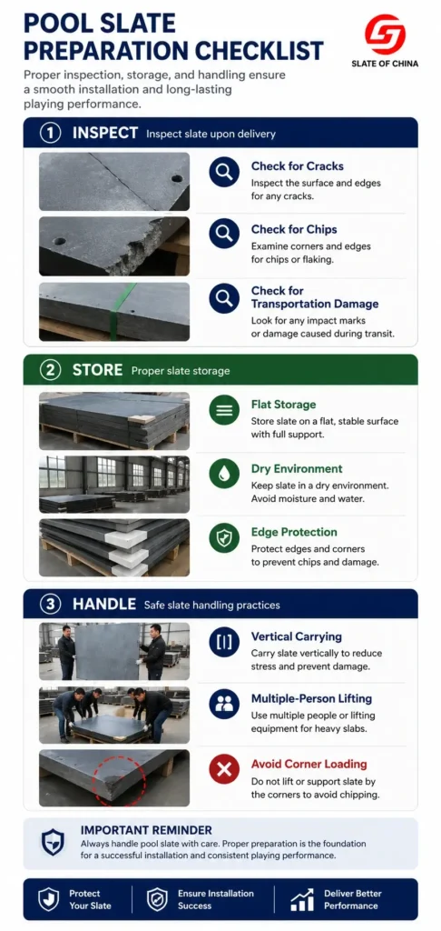 Mobile pool slate preparation checklist showing slate inspection, storage, and safe handling practices before pool table slate installation.