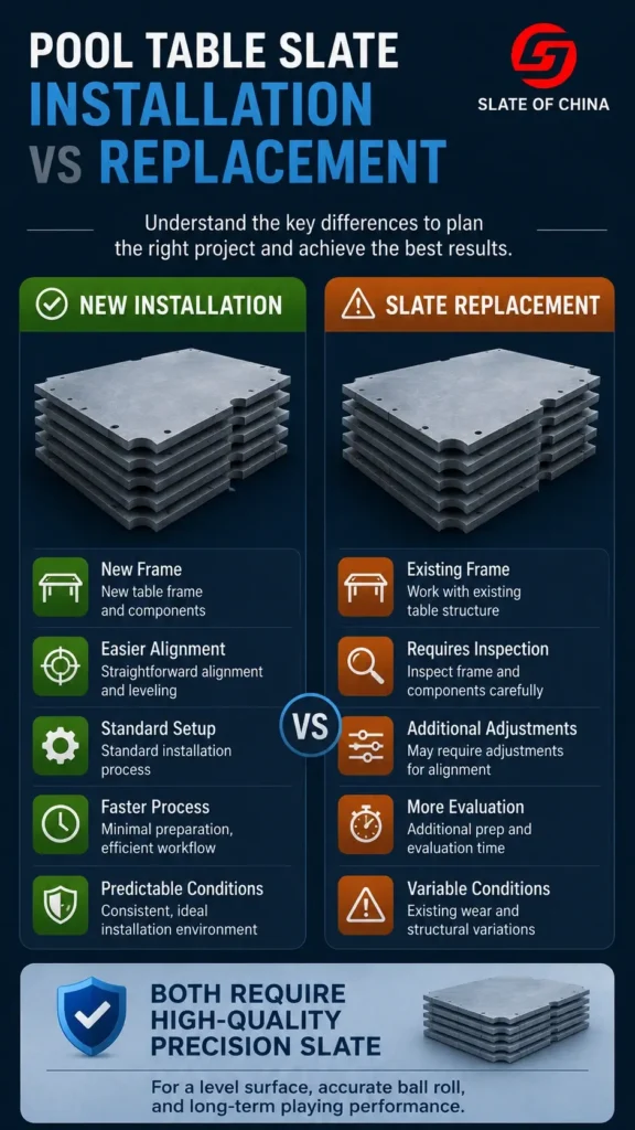 Mobile infographic comparing new pool table slate installation and slate replacement, showing frame condition, alignment requirements, inspection procedures, installation complexity, and project planning considerations.