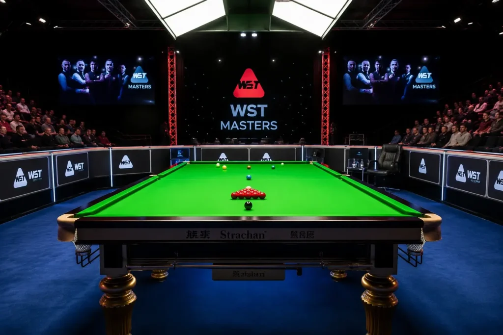 Professional tournament billiard table with a precision natural slate playing surface