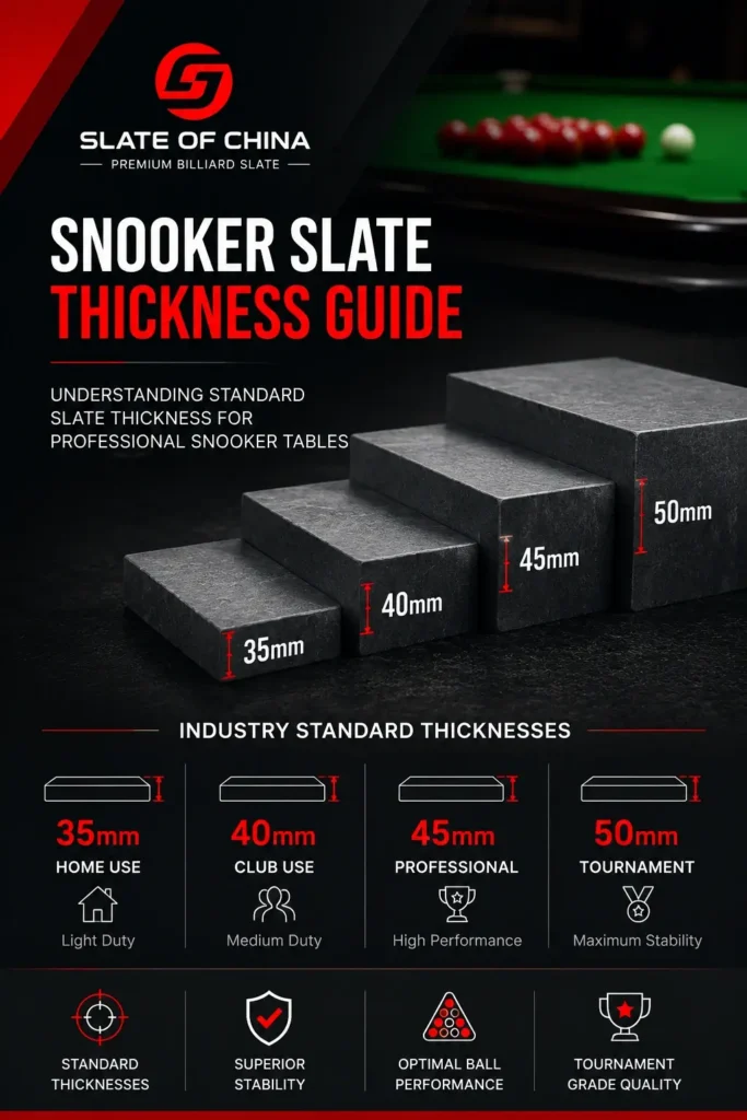 Snooker Slate Thickness Guide 2 Mobile snooker slate thickness guide showing standard 35mm, 40mm, 45mm and 50mm slate thickness options for home, club, professional and tournament snooker tables