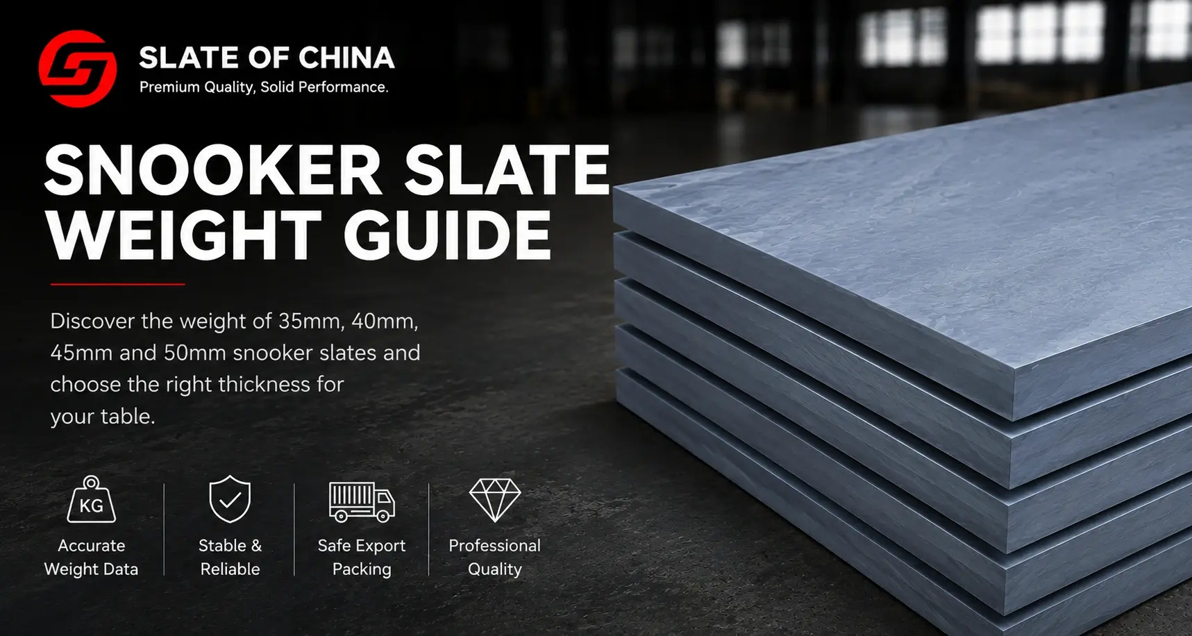Snooker Slate Weight Guide 1 Professional snooker slate weight guide showing 35mm, 40mm, 45mm and 50mm natural slate slabs from China