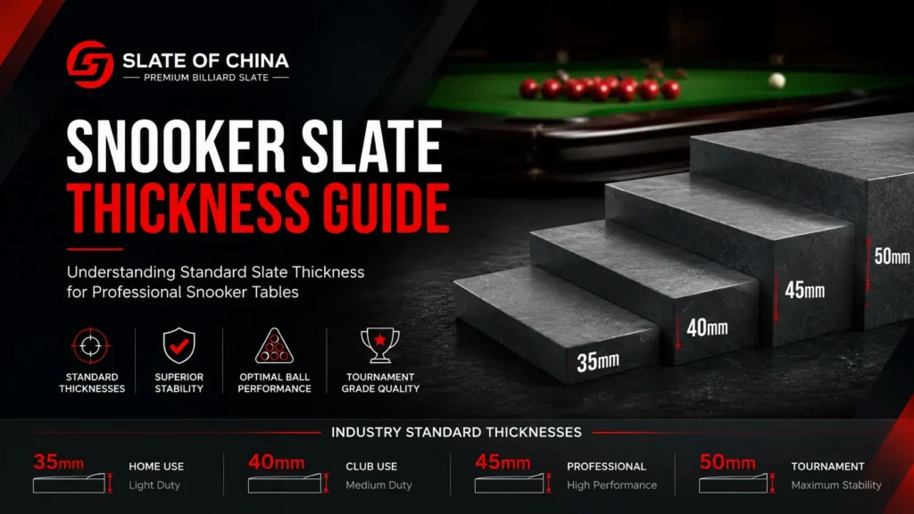 Snooker Slate Thickness Guide 1 Snooker slate thickness guide showing standard 35mm, 40mm, 45mm and 50mm slate thickness options for home, club, professional and tournament snooker tables