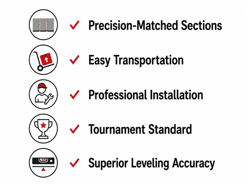 Benefits of three-piece pool slate including precision-matched sections, easy transportation, professional installation, tournament standard and superior leveling accuracy