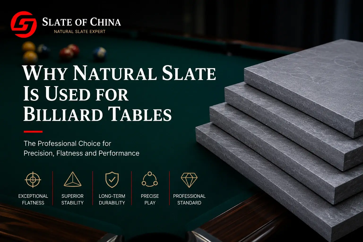 Natural slate used for professional billiard and snooker tables with precision-machined slate slabs