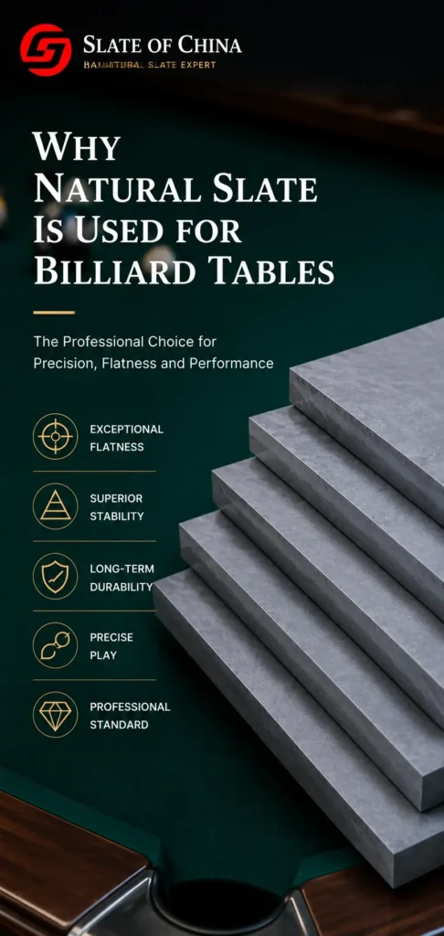 Natural slate used for professional billiard and snooker tables with precision-machined slate slabs