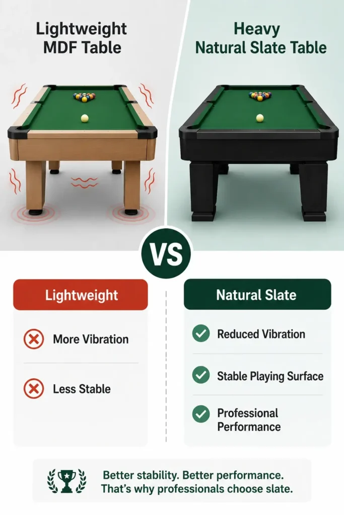 Comparison showing why a heavy natural slate billiard table provides greater stability, reduced vibration and more consistent playing performance than a lightweight MDF table.