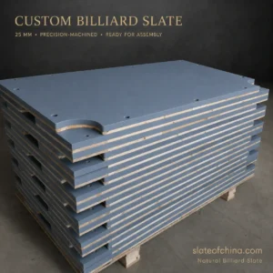 Stacked 25mm custom billiard slate panels with precision-machined pockets, mounting holes and wooden backing supports