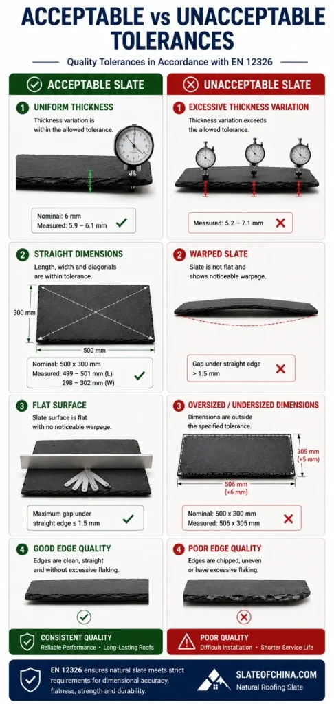 Comparison infographic showing acceptable vs unacceptable roofing slate tolerances, including thickness consistency, dimensional accuracy, flatness and edge quality according to EN 12326 quality standards.