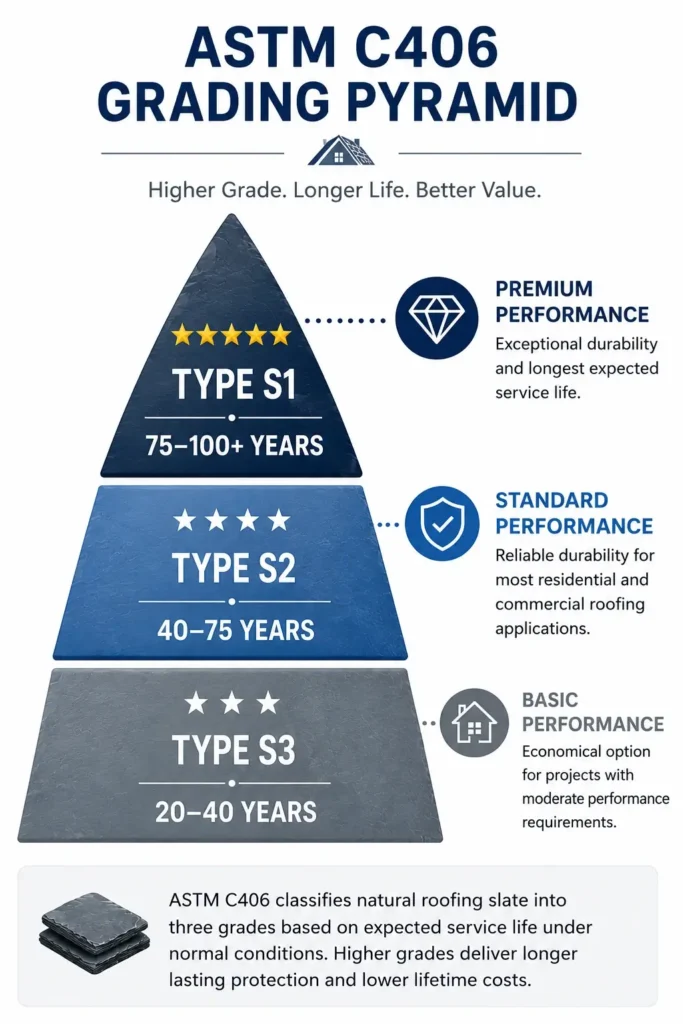 Roofing Slate Grades Guide 8 ASTM C406 roofing slate grading pyramid showing Type S1, Type S2 and Type S3 classifications with expected service life.