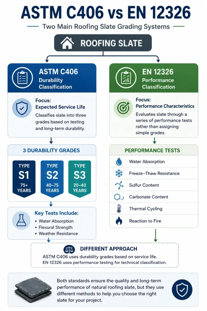 Comparison of ASTM C406 and EN 12326 roofing slate grading systems, showing durability classification and performance classification for natural roofing slate.