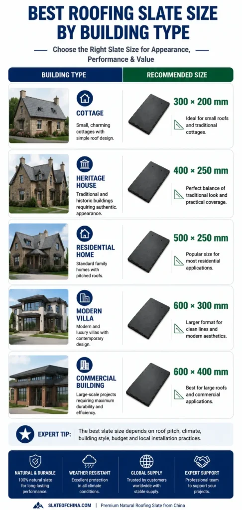 Infographic showing the best roofing slate size by building type, including cottage, heritage house, residential home, modern villa and commercial building with recommended slate dimensions.