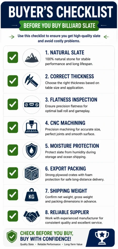 Buyer's checklist for purchasing billiard slate, including natural slate, correct thickness, flatness inspection, CNC machining, export packing, shipping weight, and reliable supplier.