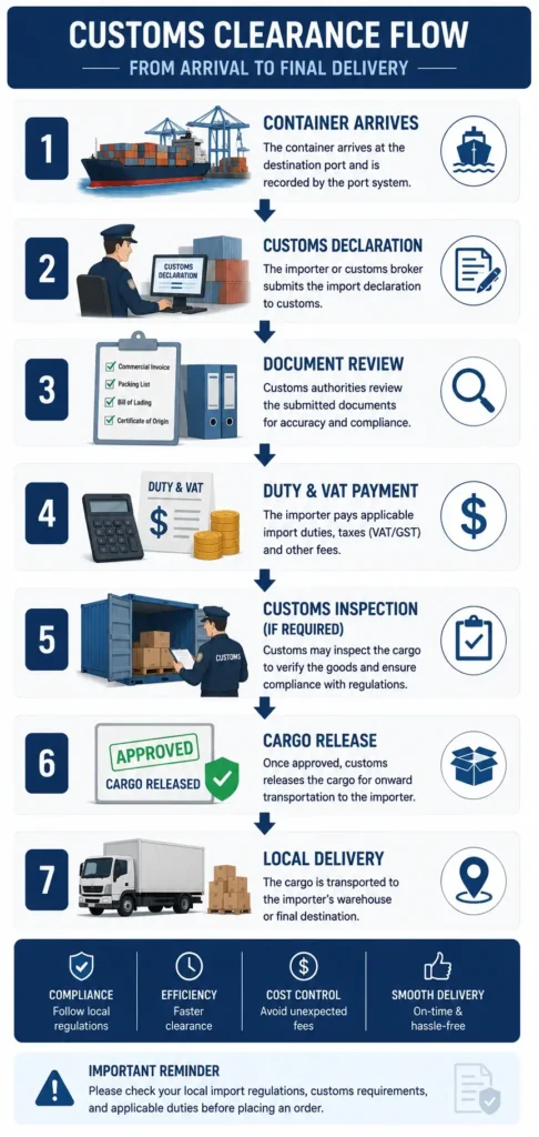 Billiard slate customs clearance flow infographic showing the complete import customs process from container arrival to local delivery.