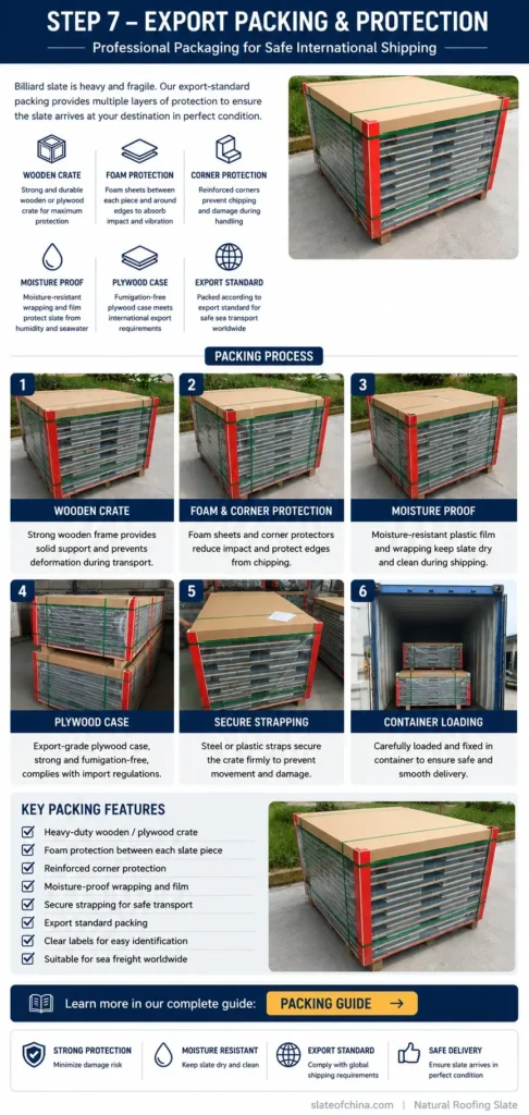Export packing guide for billiard slate showing wooden crate, foam protection, moisture-proof packaging, plywood case, and container loading.